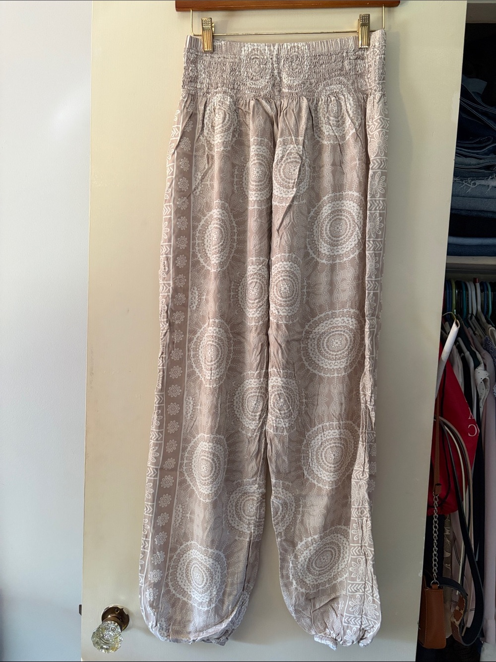 Smocked-Waist Taupe Jogger Pants with White Mandala Print